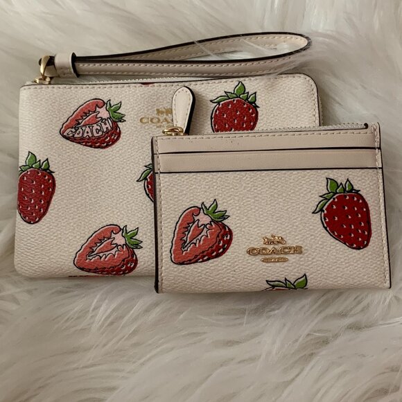 COACH Strawberry Corner Zip Wristlet & Mini Skinny Wallet SET in Chalk Multi - Picture 1 of 5